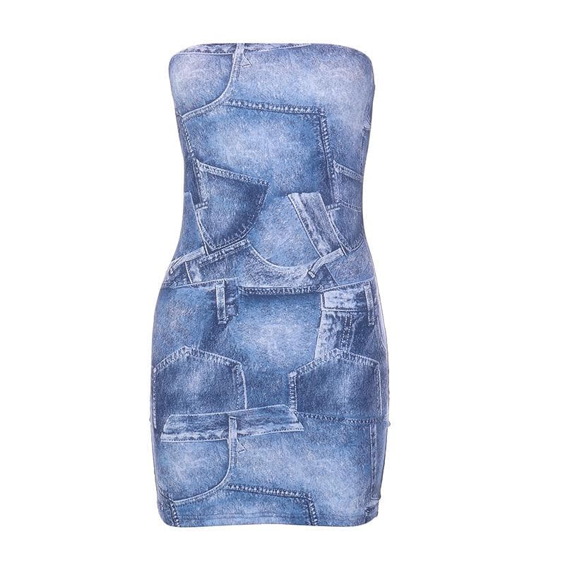 Rückenfreies, ärmelloses Tube-Minikleid mit Jeans-Print und Kontrast