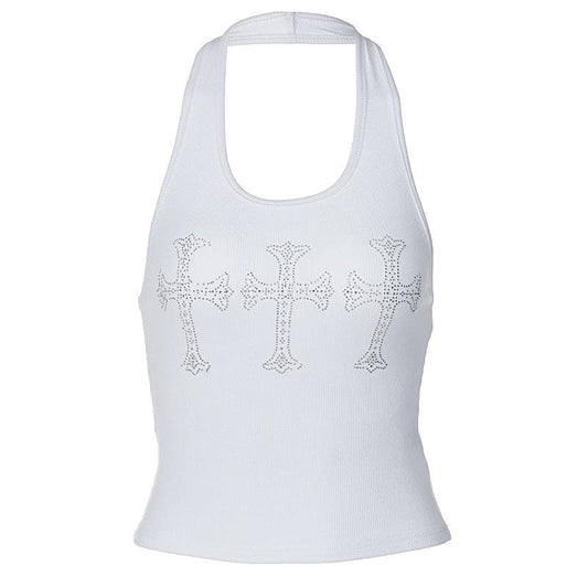 Halter backless cross beaded u neck sleeveless crop top