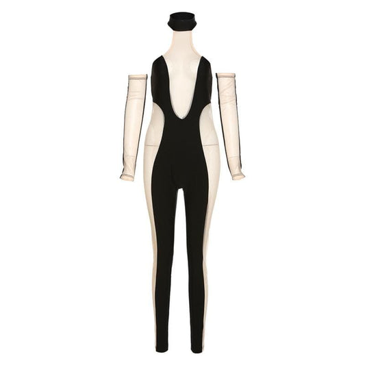 Mesh patchwork contrast gloves halter backless jumpsuit