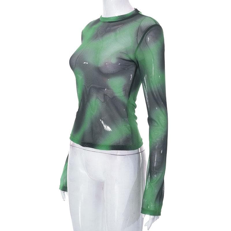 Maglia a rete trasparente con stampa tie-dye a maniche lunghe e scollo rotondo a contrasto