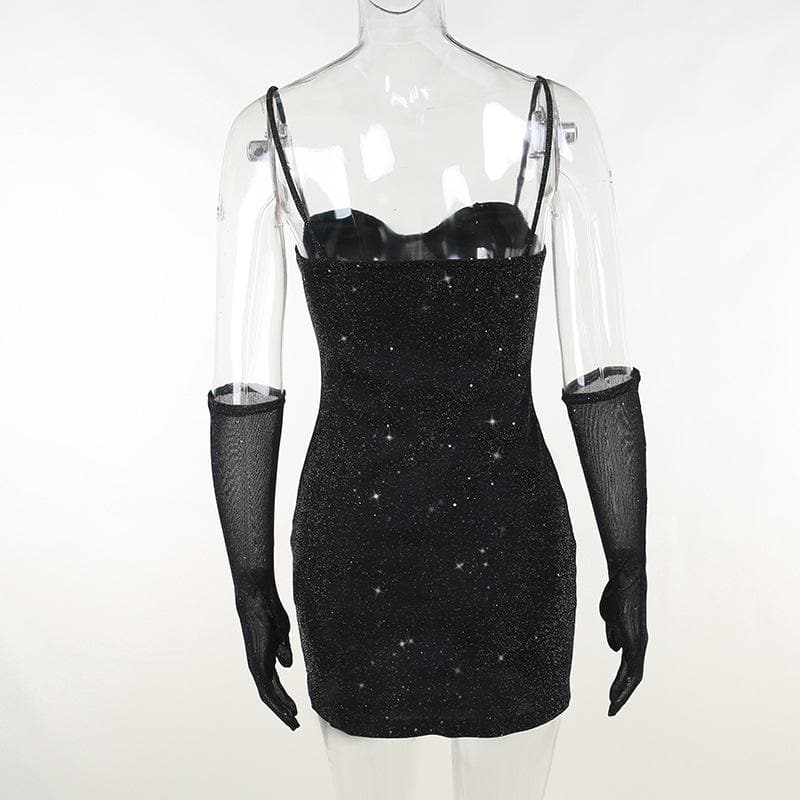 Minikleid mit Camisole-Ausschnitt und Schlitz mit Perlen und Handschuhen - Schlussverkauf