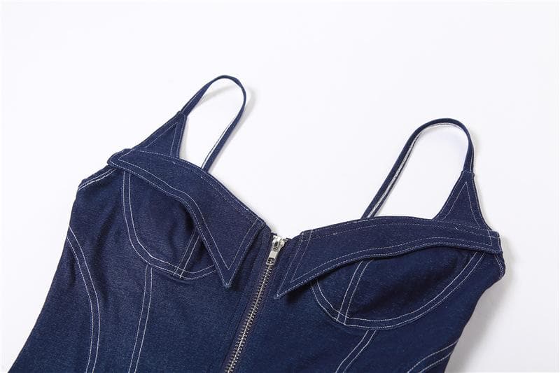 Body in denim con scollo a V, schiena scoperta e cerniera