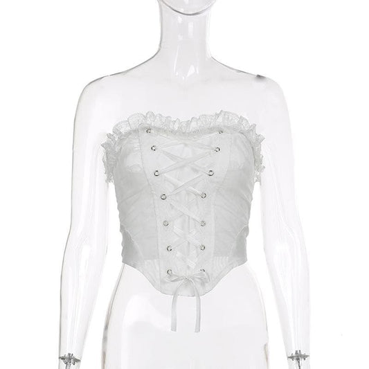 Lace hem solid self tie backless lace up tube crop top