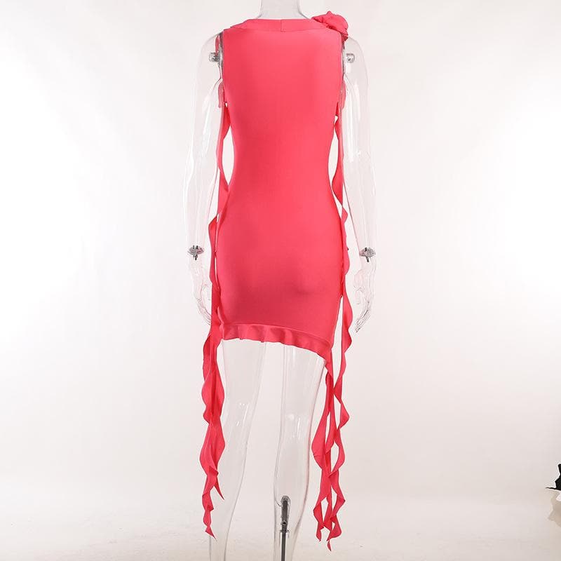 Ärmelloses Minikleid mit V-Ausschnitt, Rüschen und Blumenapplikation