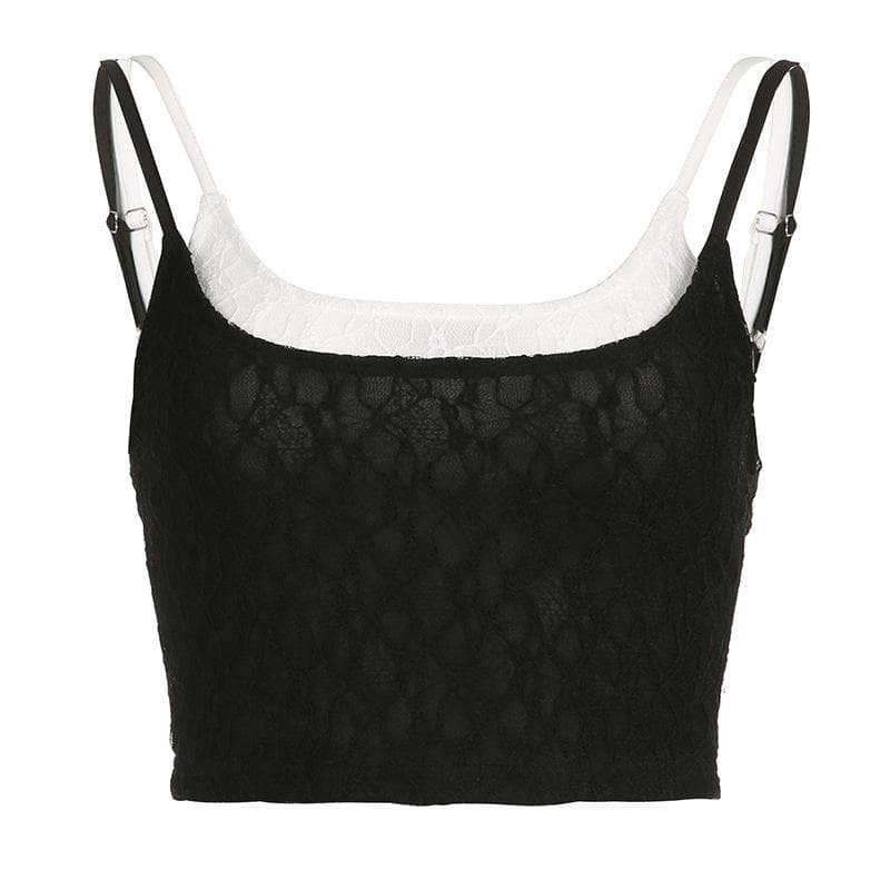 Top corto senza maniche con schiena scoperta e contrasto in pizzo patchwork