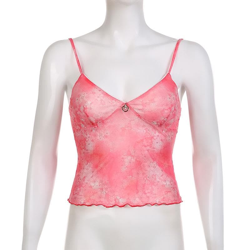 Top corto con volant e stampa floreale in rete trasparente con scollo a V
