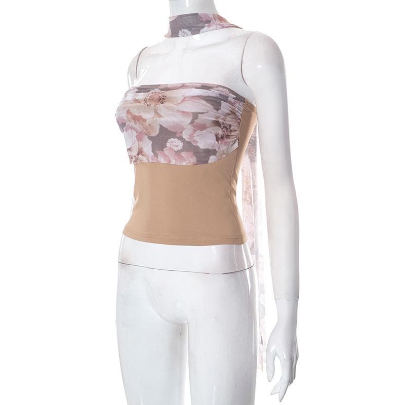 Top a tubino con schiena scoperta e arricciature a contrasto con stampa patchwork floreale