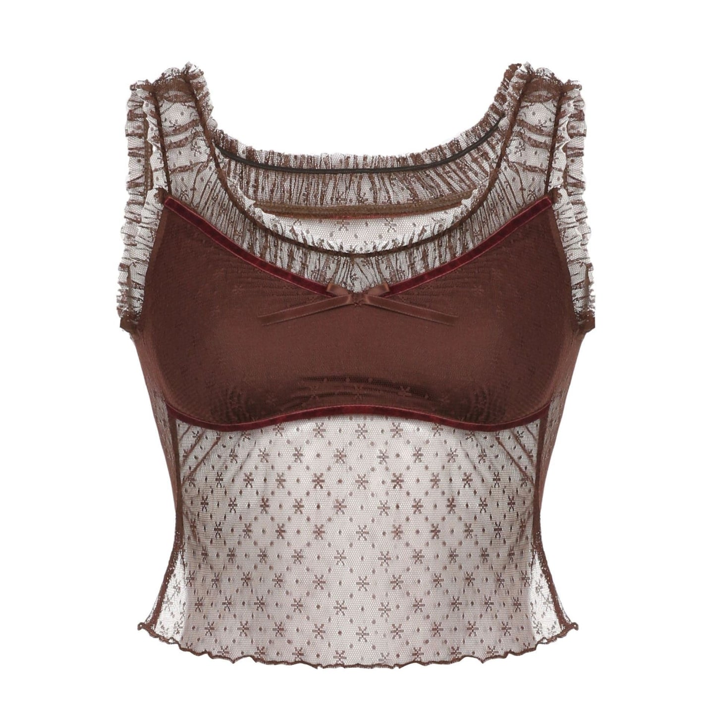 Top corto senza maniche in rete con volant patchwork