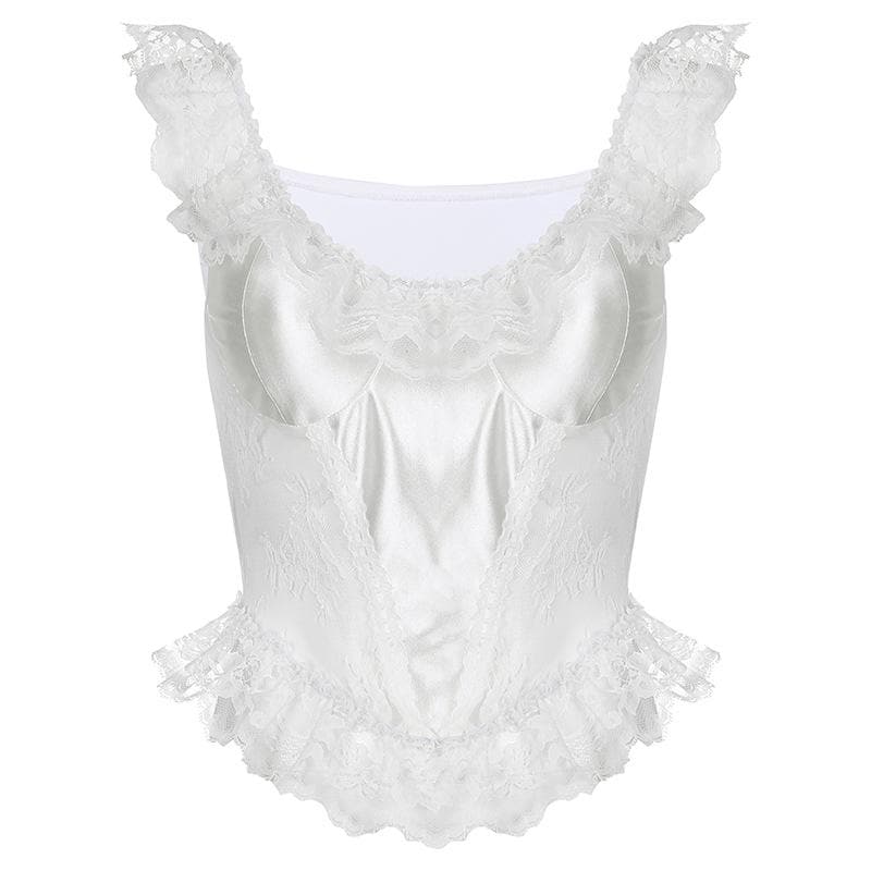 Cap sleeve satin lace hem low cut ruffle top - Final Sale