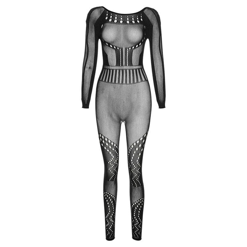 Fishnet long sleeve hollow out backless solid see through jumpsuit
