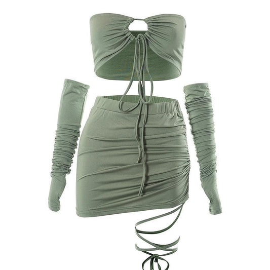 Ruched gloves backless self tie drawstring solid mini skirt set