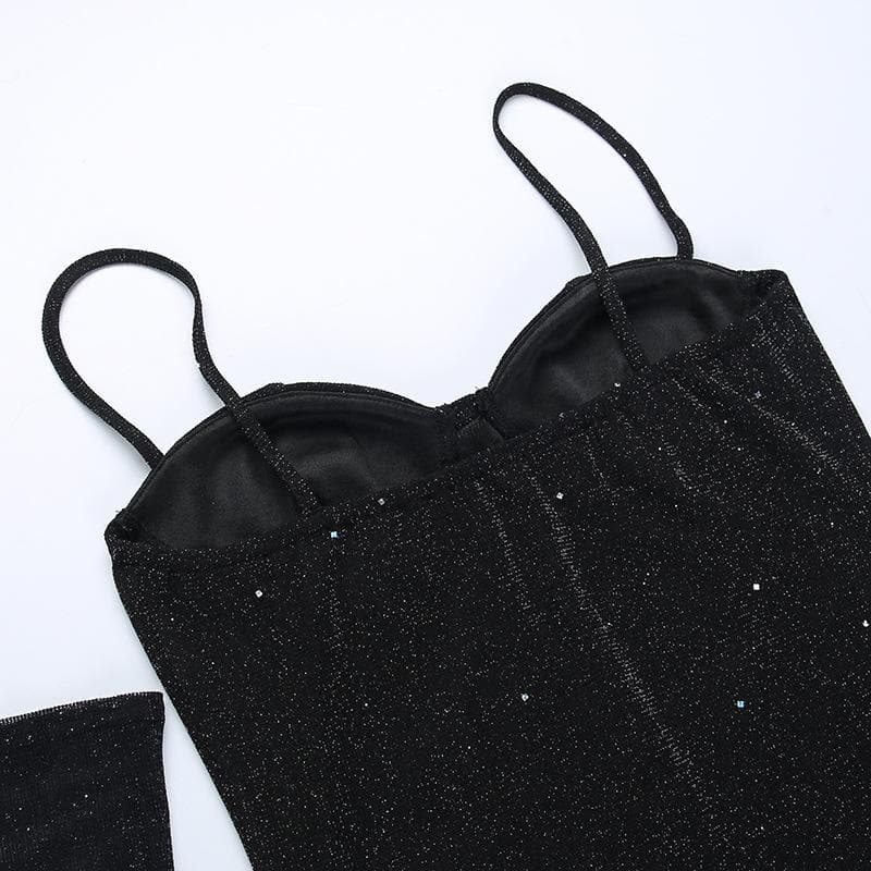 Minikleid mit Camisole-Ausschnitt und Schlitz mit Perlen und Handschuhen - Schlussverkauf