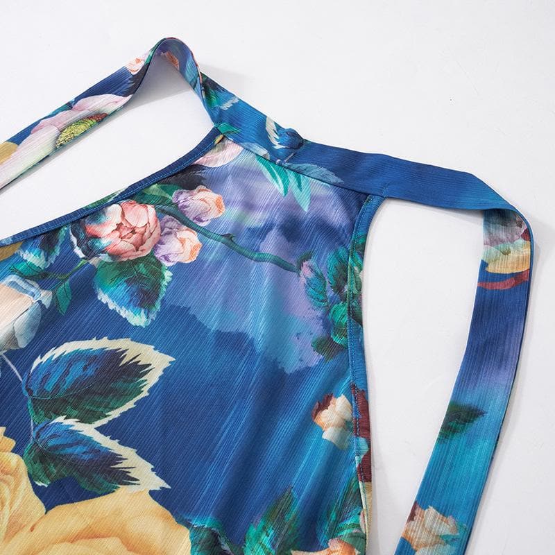 Rückenfreies Maxikleid aus transparentem Netzstoff mit Blumenmuster und Neckholder in Kontrastfarbe zum Binden