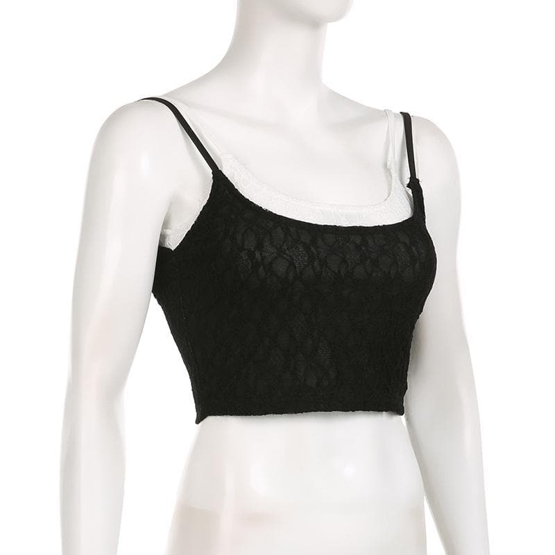Top corto senza maniche con schiena scoperta e contrasto in pizzo patchwork