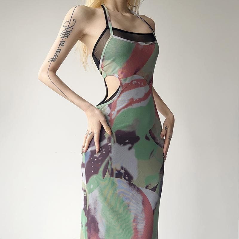 Neckholder-Maxikleid mit selbstbindendem Kontrastdruck und transparentem Netzstoff, rückenfrei und mit Aussparungen