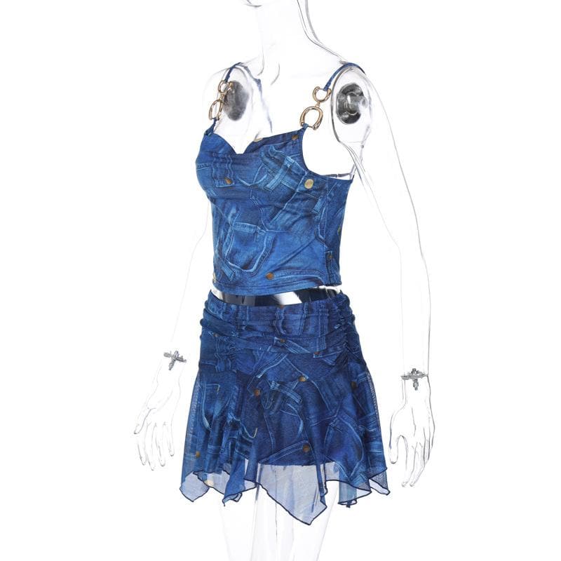 Backless cowl neck metal chain denim print ruched mini skirt set