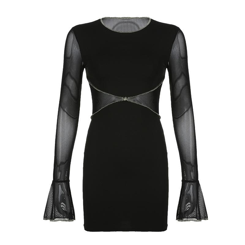 Stitch mesh flared sleeve contrast patchwork mini dress