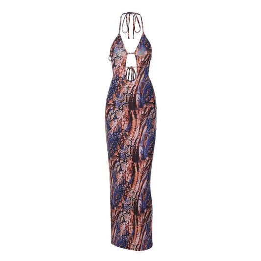 Backless hollow out halter self tie contrast print maxi dress