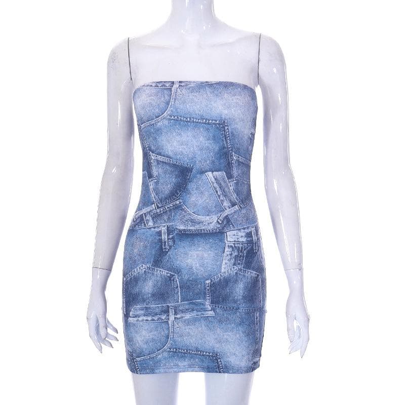 Rückenfreies, ärmelloses Tube-Minikleid mit Jeans-Print und Kontrast