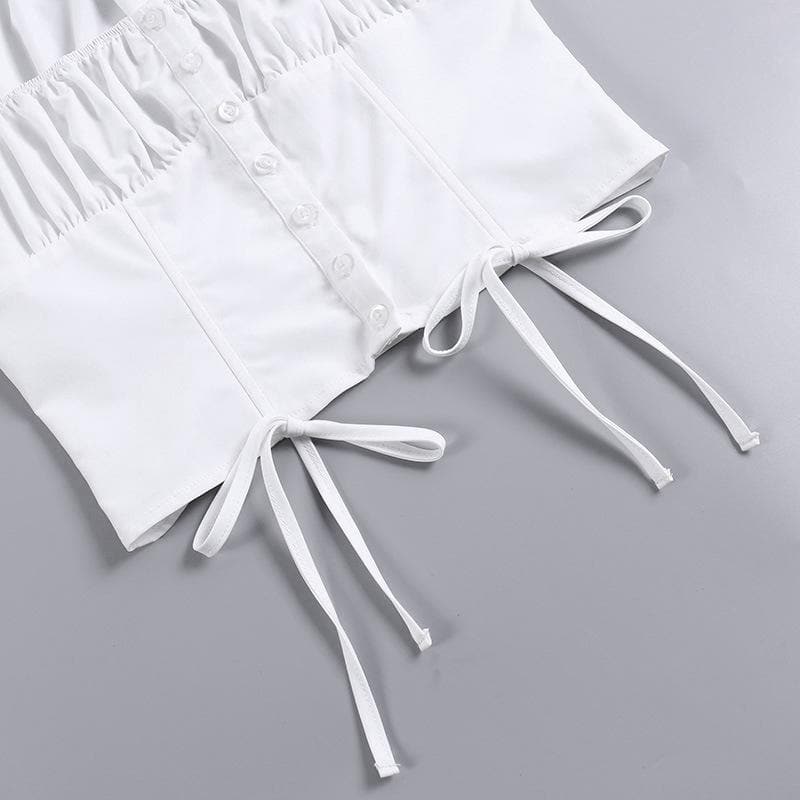 Button cap sleeve solid ruched square neck crop top