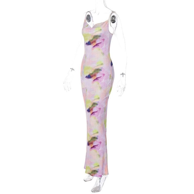 Rückenfreies Maxikleid mit Wasserfallausschnitt, V-Ausschnitt und Kontrastdruck