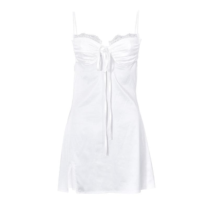 Solid lace hem ruched self tie backless slit cami mini dress