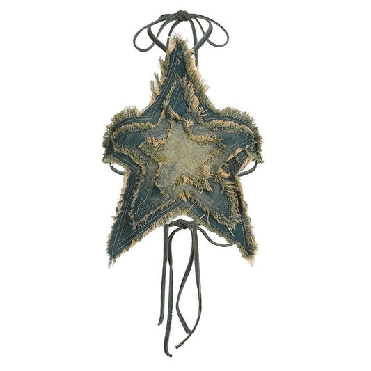 Halter self tie denim star pattern backless contrast top