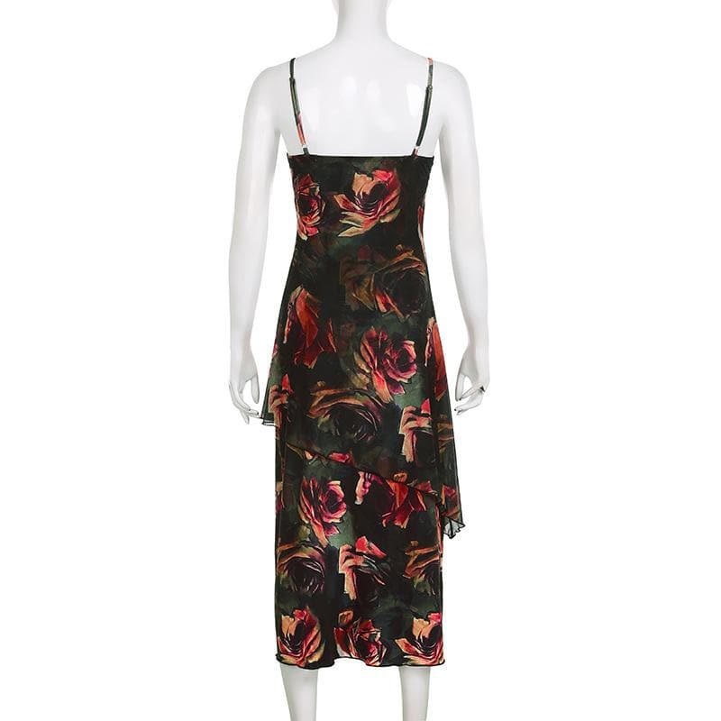 Rückenfreies, unregelmäßiges Camisole-Midikleid mit Blumenmuster und Kontrastraffung