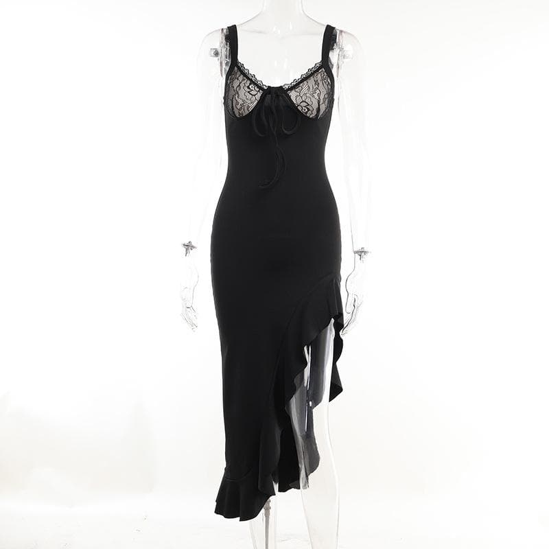 Rückenfreies Midikleid aus Spitze mit Rüschenschlitz, V-Ausschnitt und unregelmäßigem Camisole