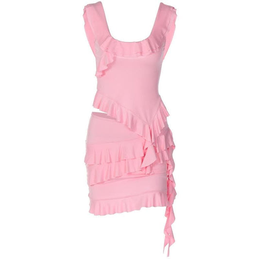 Ruffle u neck sleeveless backless solid irregular mini skirt set