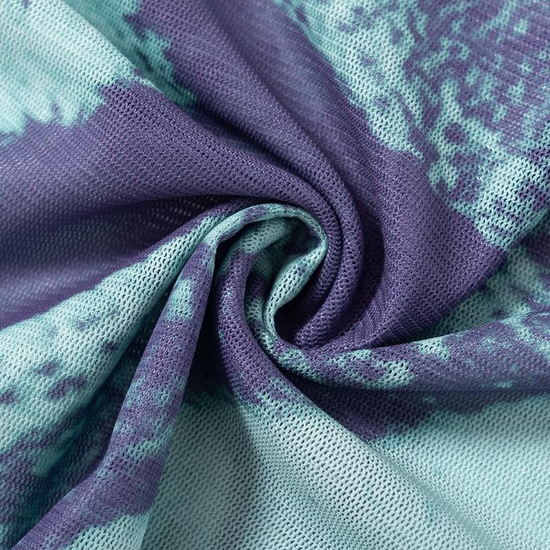 Sheer mesh see through flared sleeve contrast print 2-way top