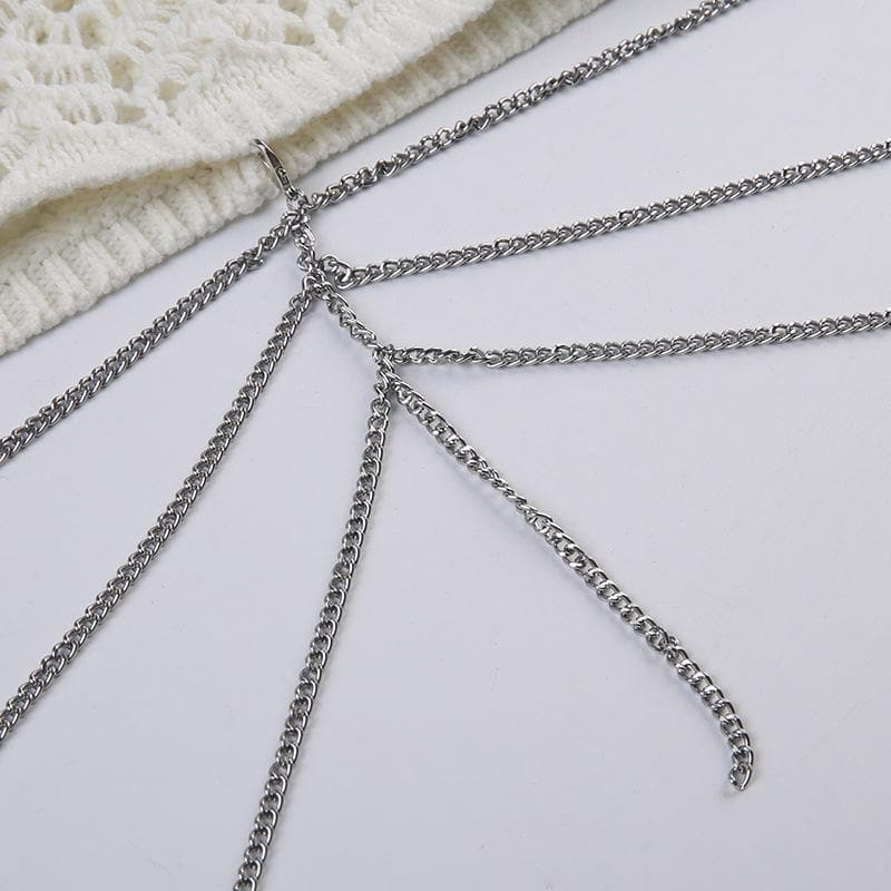 Rückenfreies Häkel-Crop-Top zum Selbstbinden mit gerüschtem V-Ausschnitt und Neckholder aus Metallkette