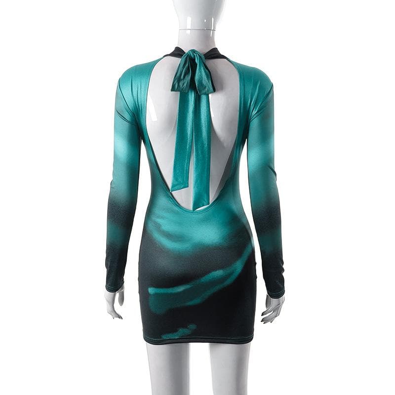 Hochgeschlossenes, langärmliges, rückenfreies Minikleid mit Farbverlauf zum Selbstbinden