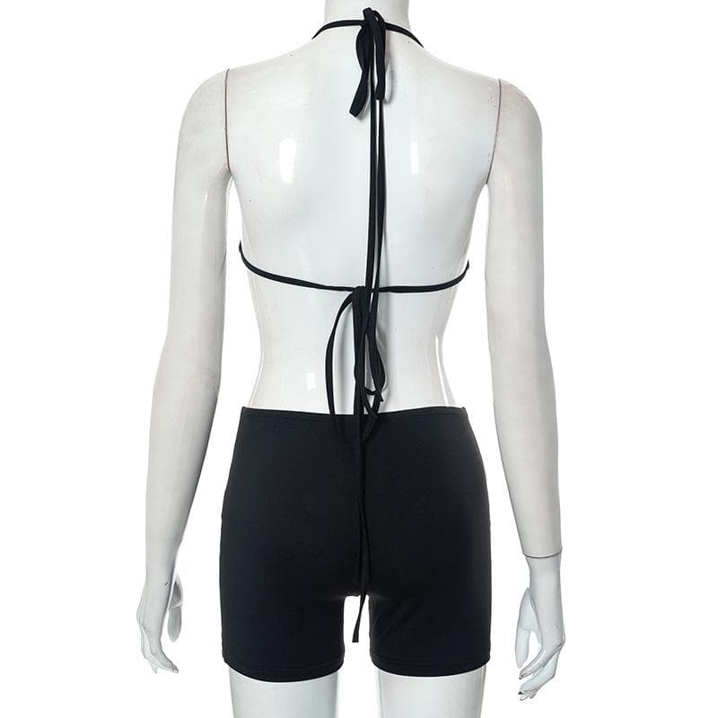 Hollow out solid halter backless self tie romper