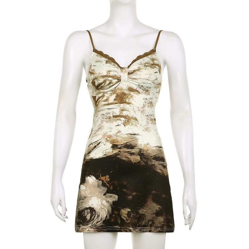 Camisole-Minikleid mit gerüschtem V-Ausschnitt und Spitzensaum im Kontrastmuster