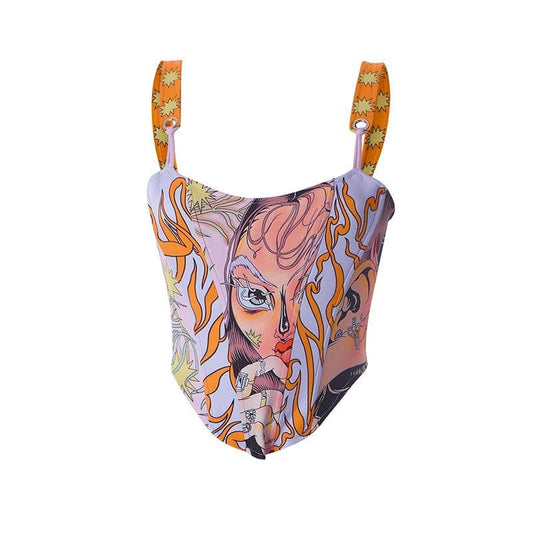 Rückenfreies, ärmelloses Crop-Top mit abstraktem Druck und Kontrast-Schnürung