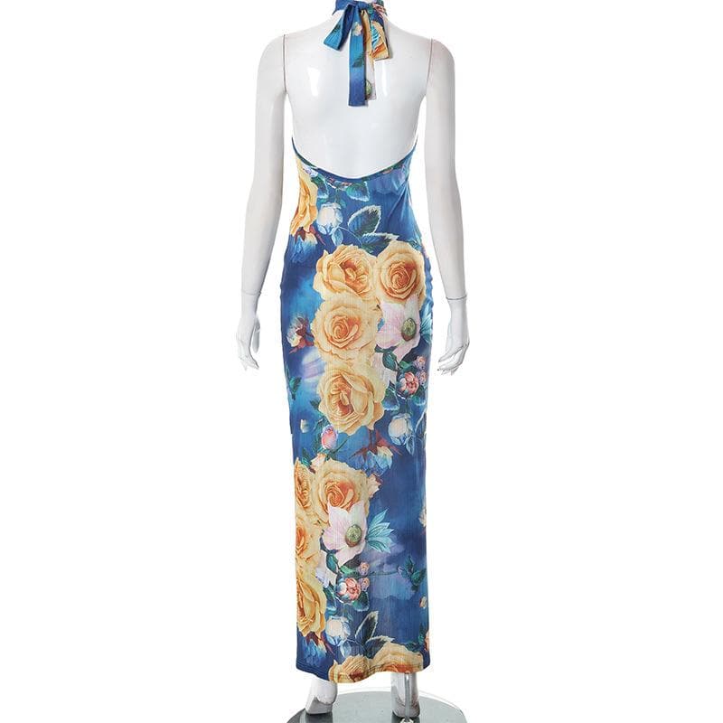 Rückenfreies Maxikleid aus transparentem Netzstoff mit Blumenmuster und Neckholder in Kontrastfarbe zum Binden