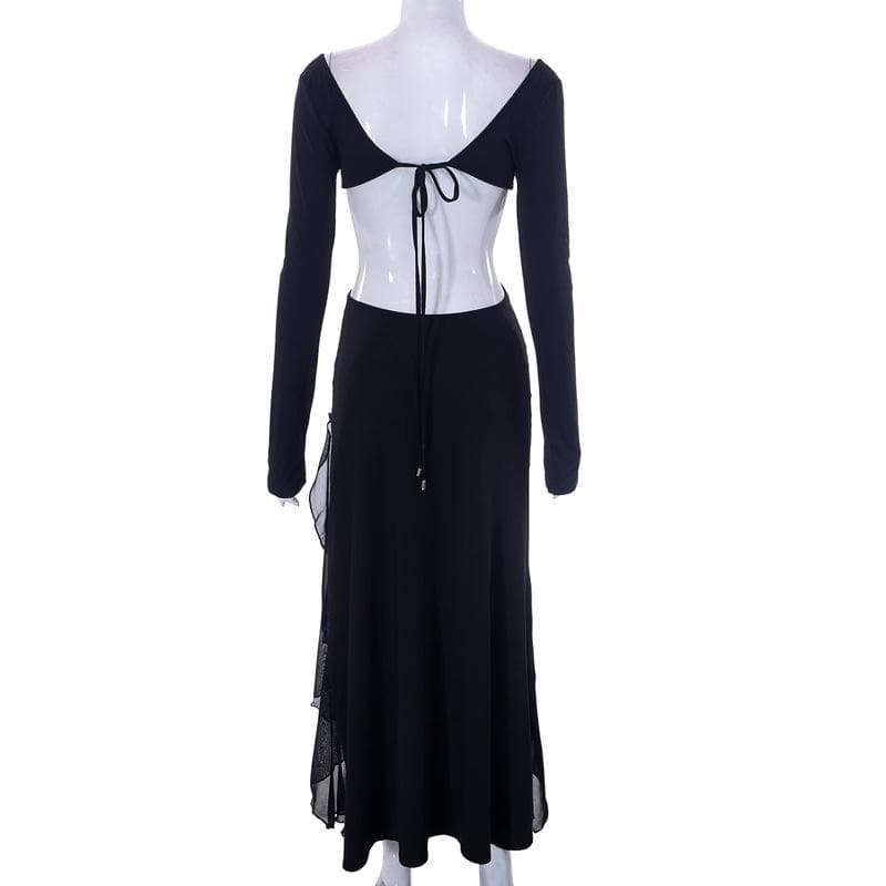 Solid long sleeve hollow out slit ruffle self tie irregular midi dress