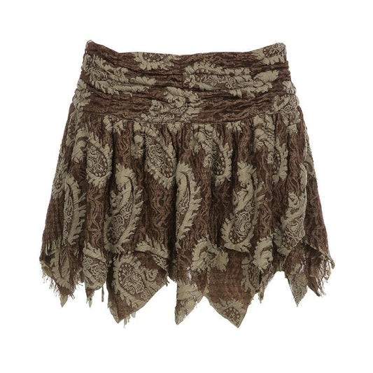 Textured contrast abstract print irregular zip-up ruched mini skirt