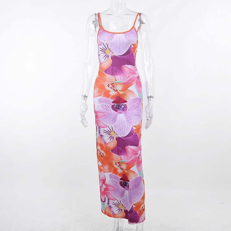 Rückenfreies Maxikleid mit Camisole-Ausschnitt und Blumenmuster in Kontrastfarbe