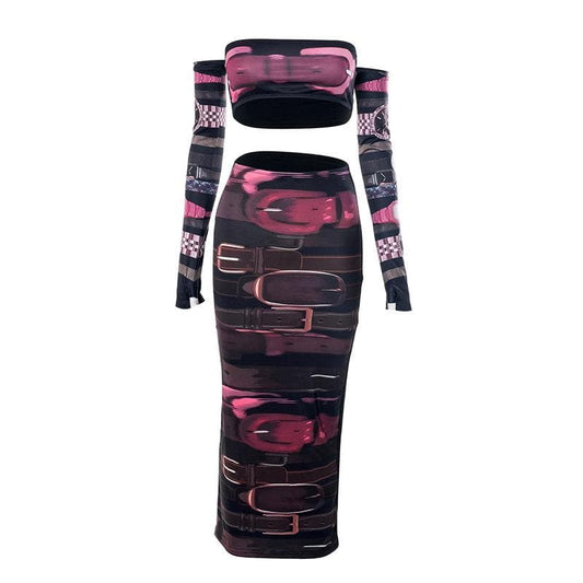 Gloves contrast print backless tube midi skirt set