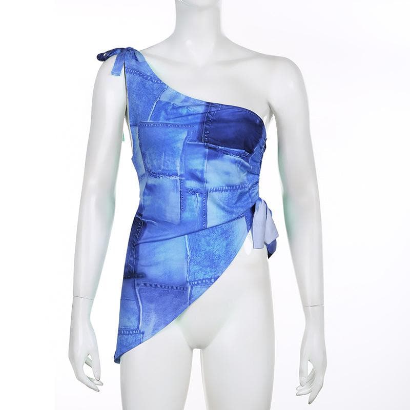 Top in denim con stampa e coulisse irregolare con monospalla