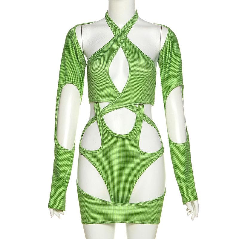 Body a due pezzi con maniche lunghe e scollo a V a quadri incrociati sul davanti