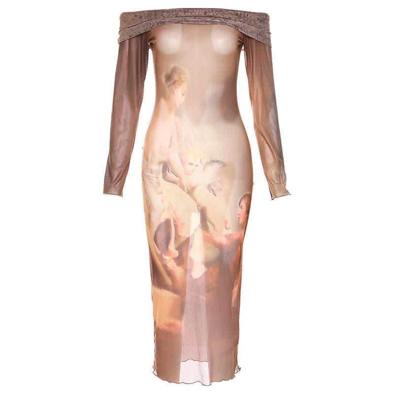 Schulterfreies, langärmliges Midikleid mit abstraktem Print und Kontrast