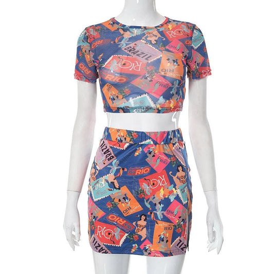 Abstract Print Mesh Short Sleeve Crewneck Contrast Mini Skirt Set