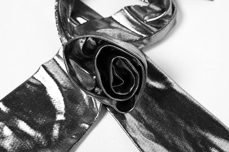 Body con scollo all'americana metallizzato, schiena scoperta e applicazioni floreali