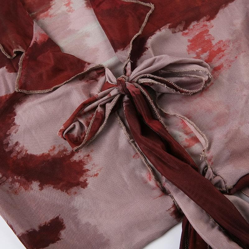 Top corto in rete trasparente con volant tie-dye a maniche lunghe e annodabile