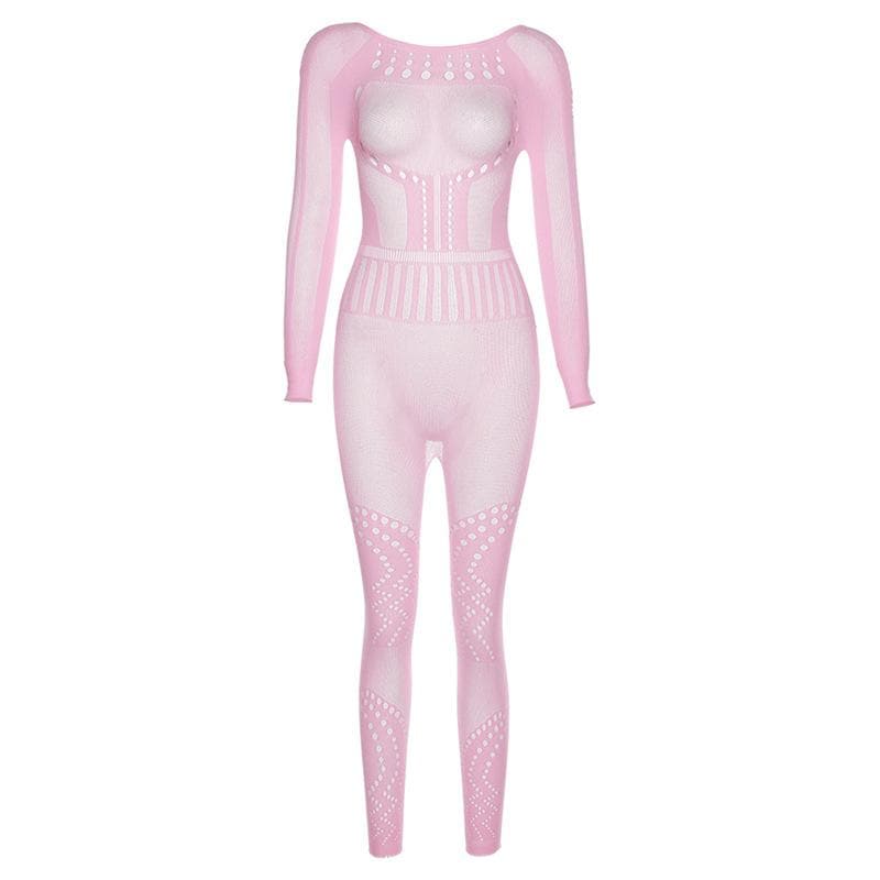 Fishnet long sleeve hollow out backless solid see through jumpsuit