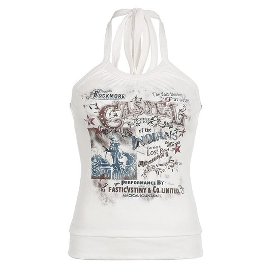 Letter print halter self tie backless contrast top