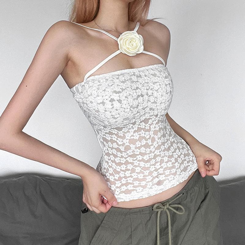 Top senza maniche con schiena scoperta e applicazioni di fiori in pizzo
